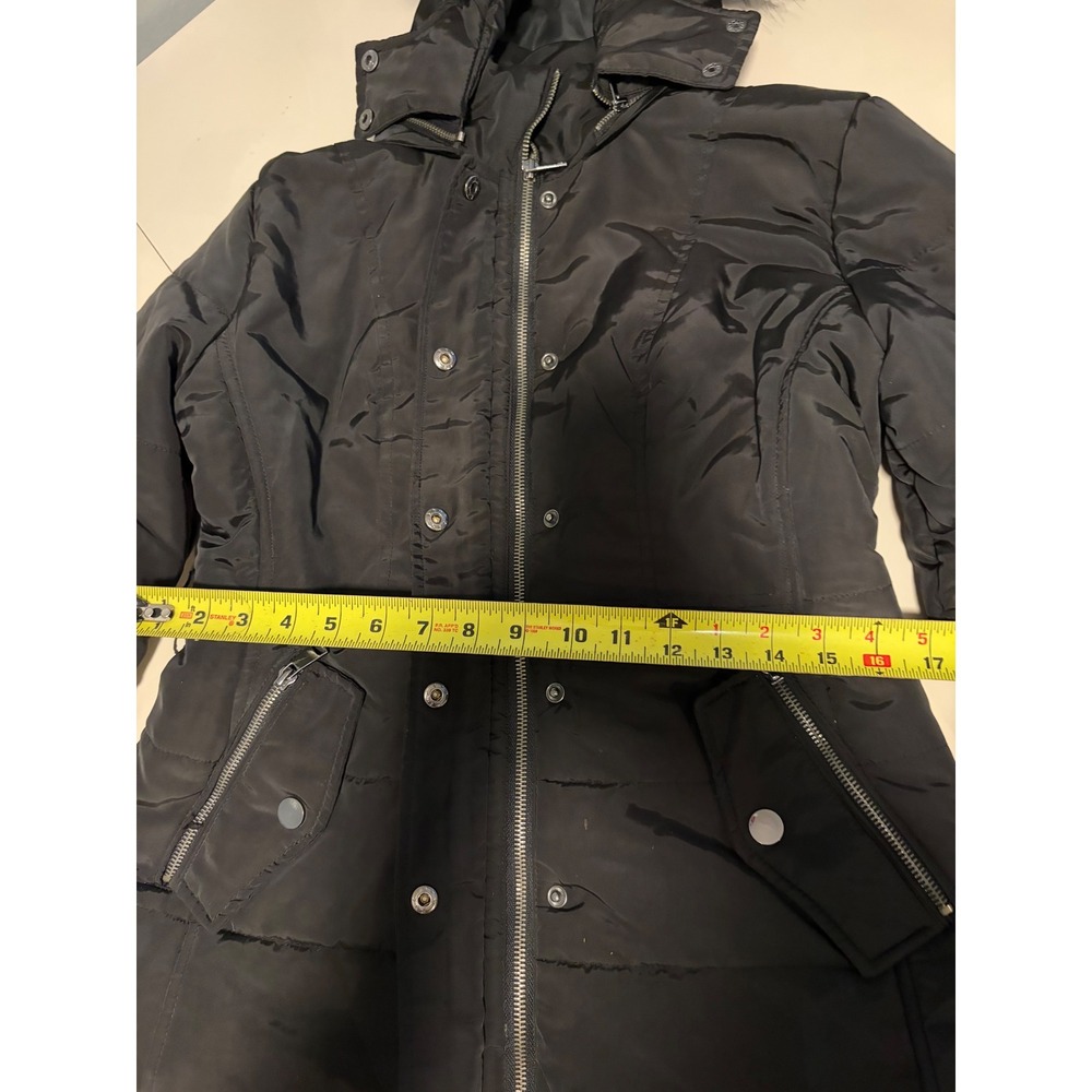 Black Faux Fur Trim Hooded Puffer Jacket Quilted Winter Coat Zip Up Women Small - Picture 7 of 16